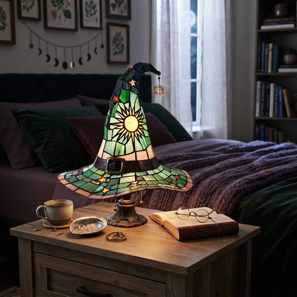 Witch Hat Accent Lamp Tiffany Style Decorative Table Lamp With Star and Sun Design