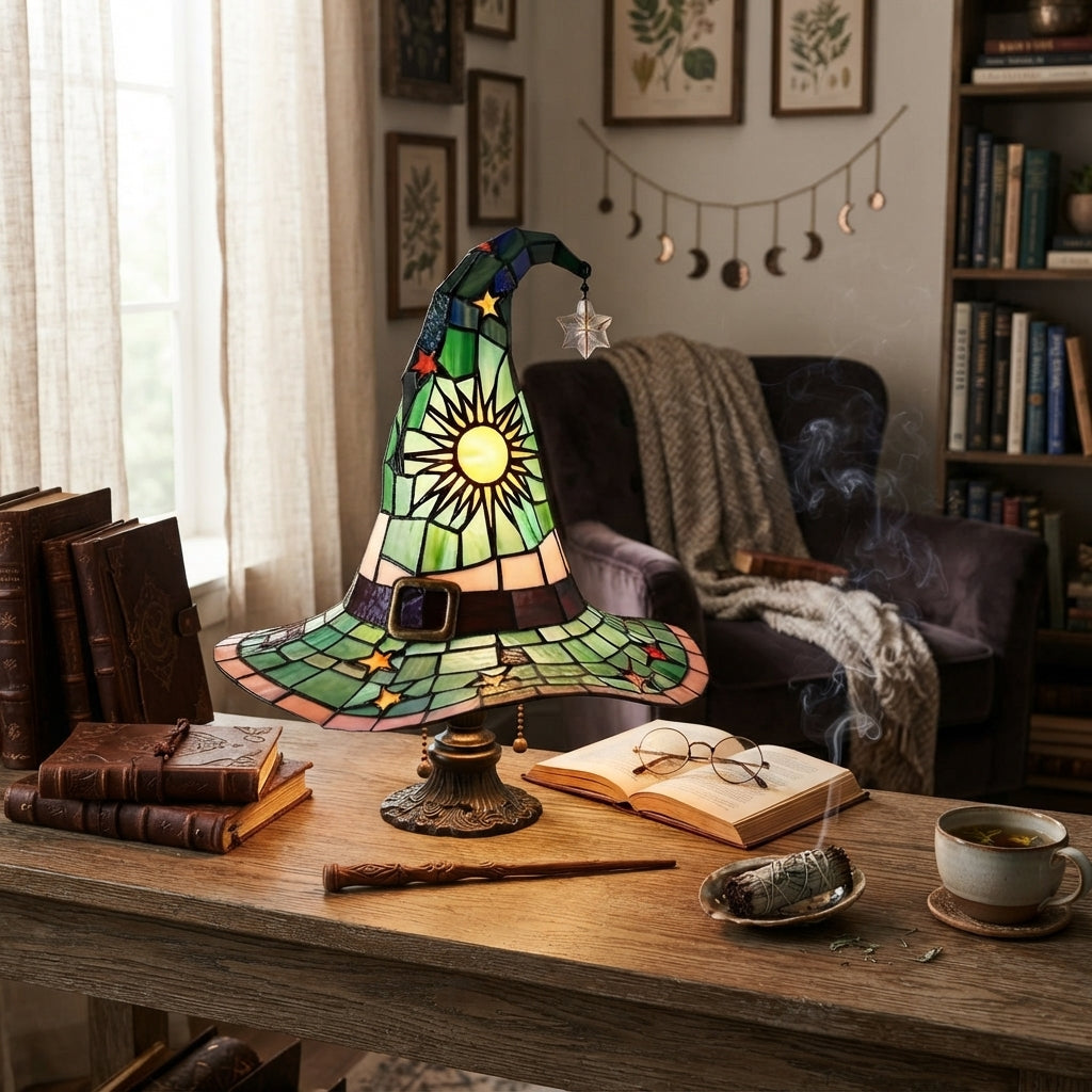 Witch Hat Accent Lamp Tiffany Style Decorative Table Lamp With Star and Sun Design