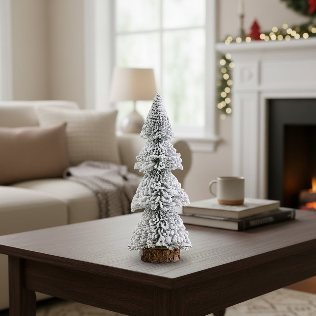 Mini Flocked Christmas Tree Decoration with Wooden Base