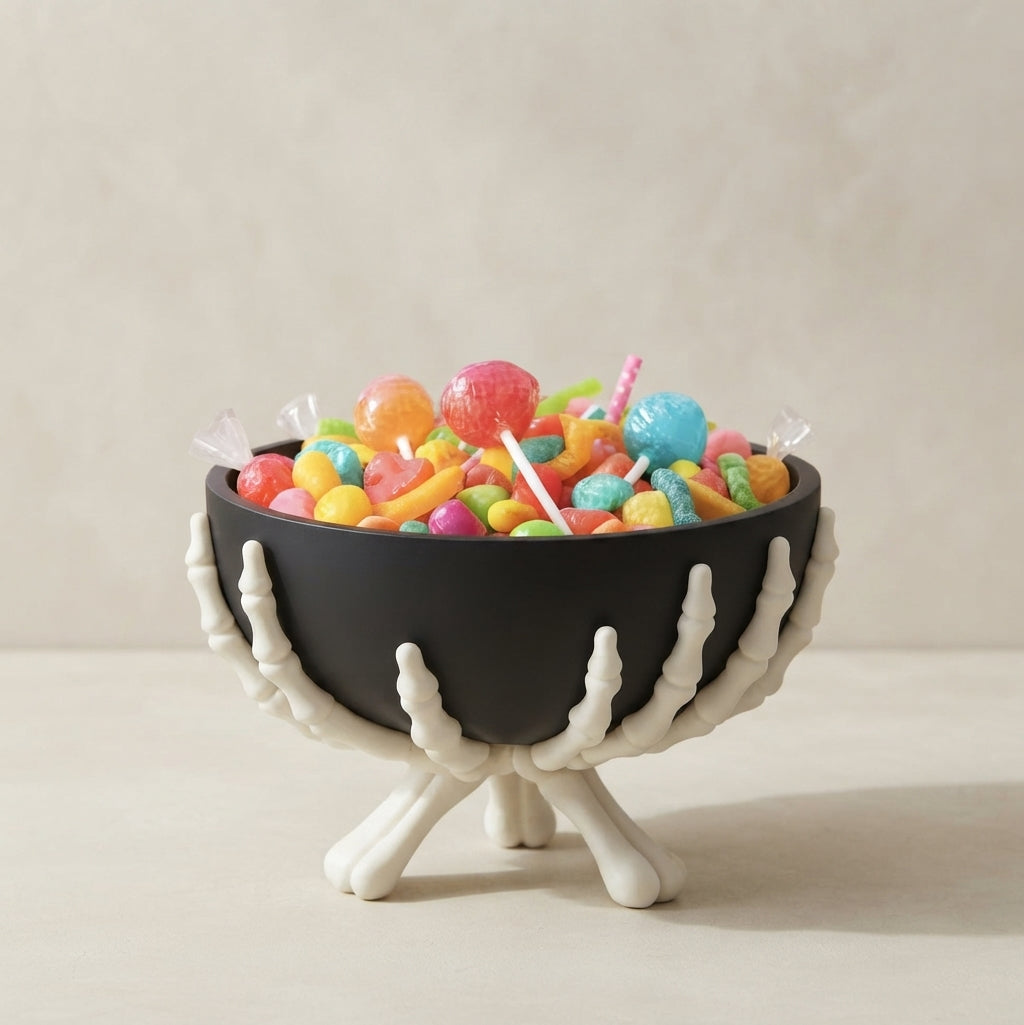 Candy Bowl Plastic Matte Black with White Skeleton Hands Detachable Design