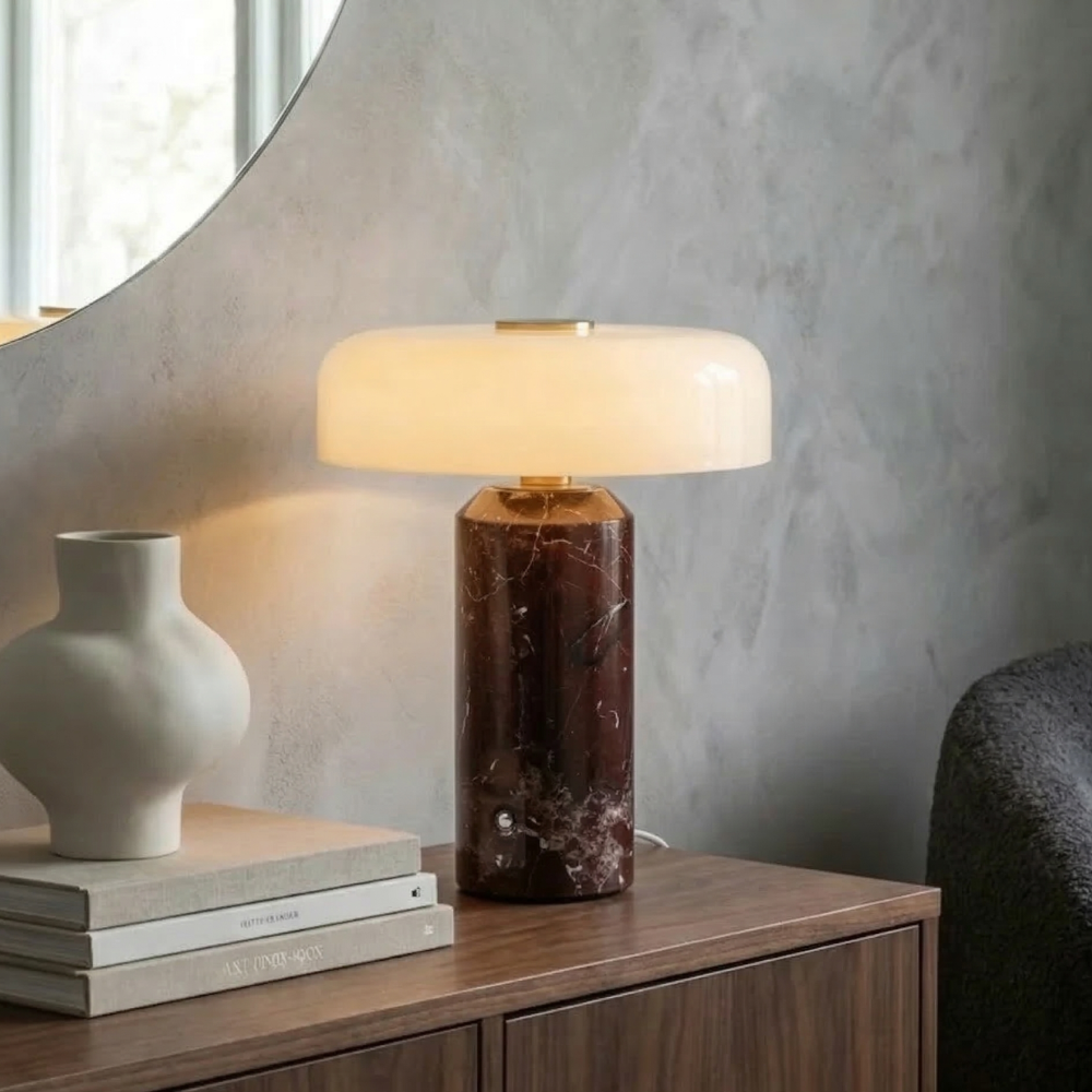 Marble Table Lamp Cordless 21 cm | Opaline Glass Shade, Touch Dimmable | Rechargeable Warm to Cool White LED
