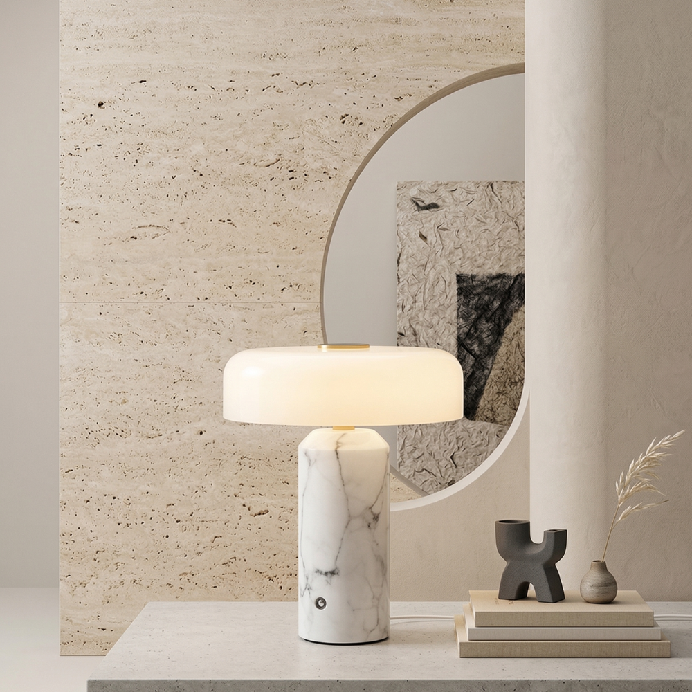 Marble Table Lamp Cordless 21 cm | Opaline Glass Shade, Touch Dimmable | Rechargeable Warm to Cool White LED