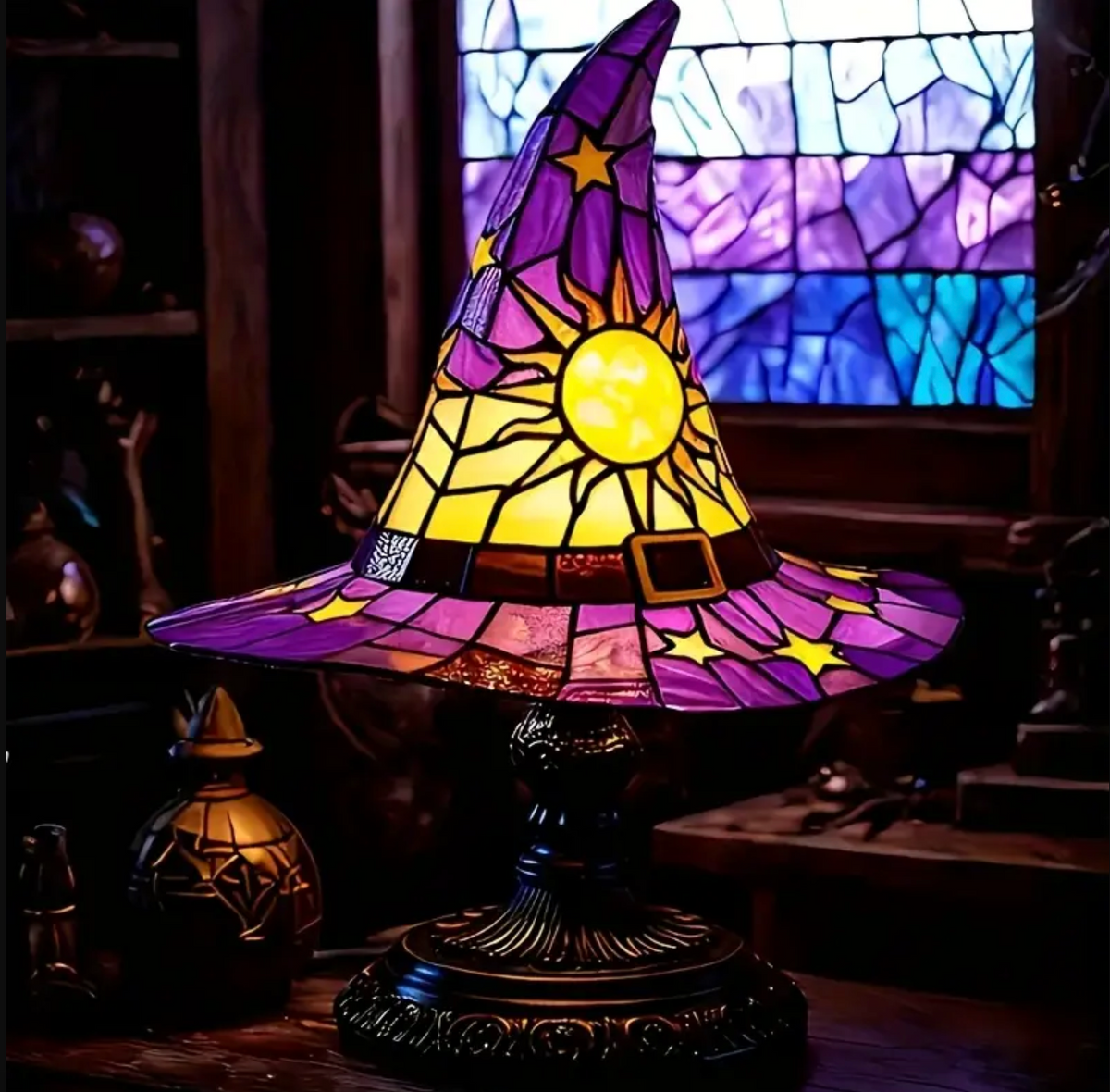 Witch Hat Accent Lamp Tiffany Style Decorative Table Lamp With Star and Sun Design