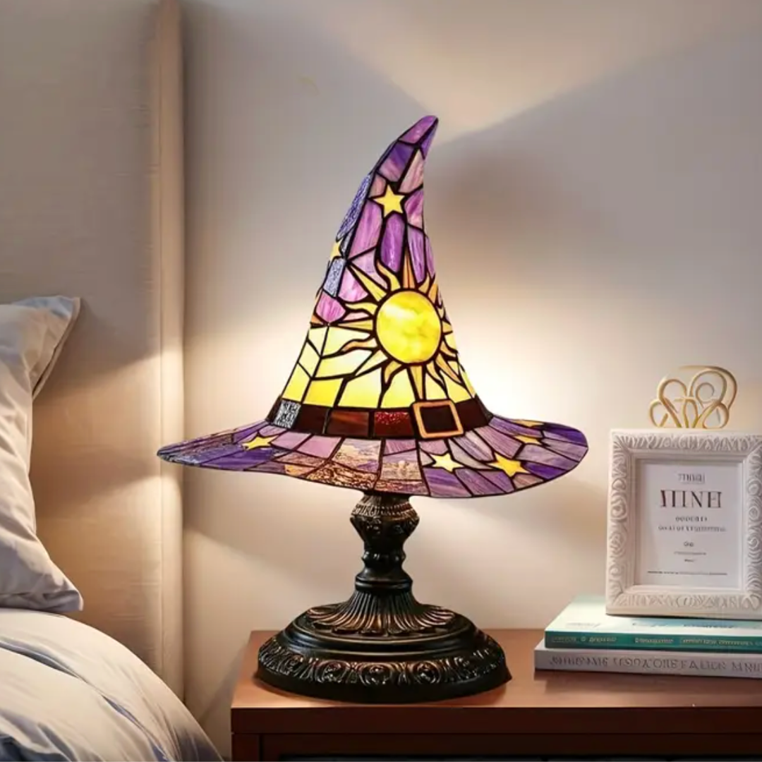 Witch Hat Accent Lamp Tiffany Style Decorative Table Lamp With Star and Sun Design