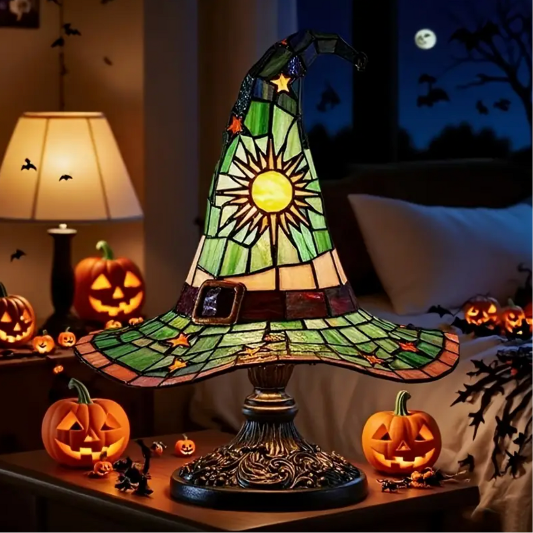 Witch Hat Accent Lamp Tiffany Style Decorative Table Lamp With Star and Sun Design