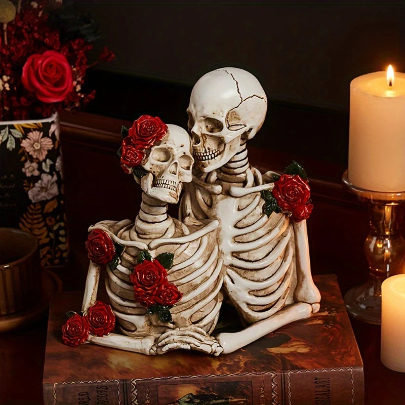 Skeleton Couple Sculpture, Gothic Romance, Rose Detail, Two Styles