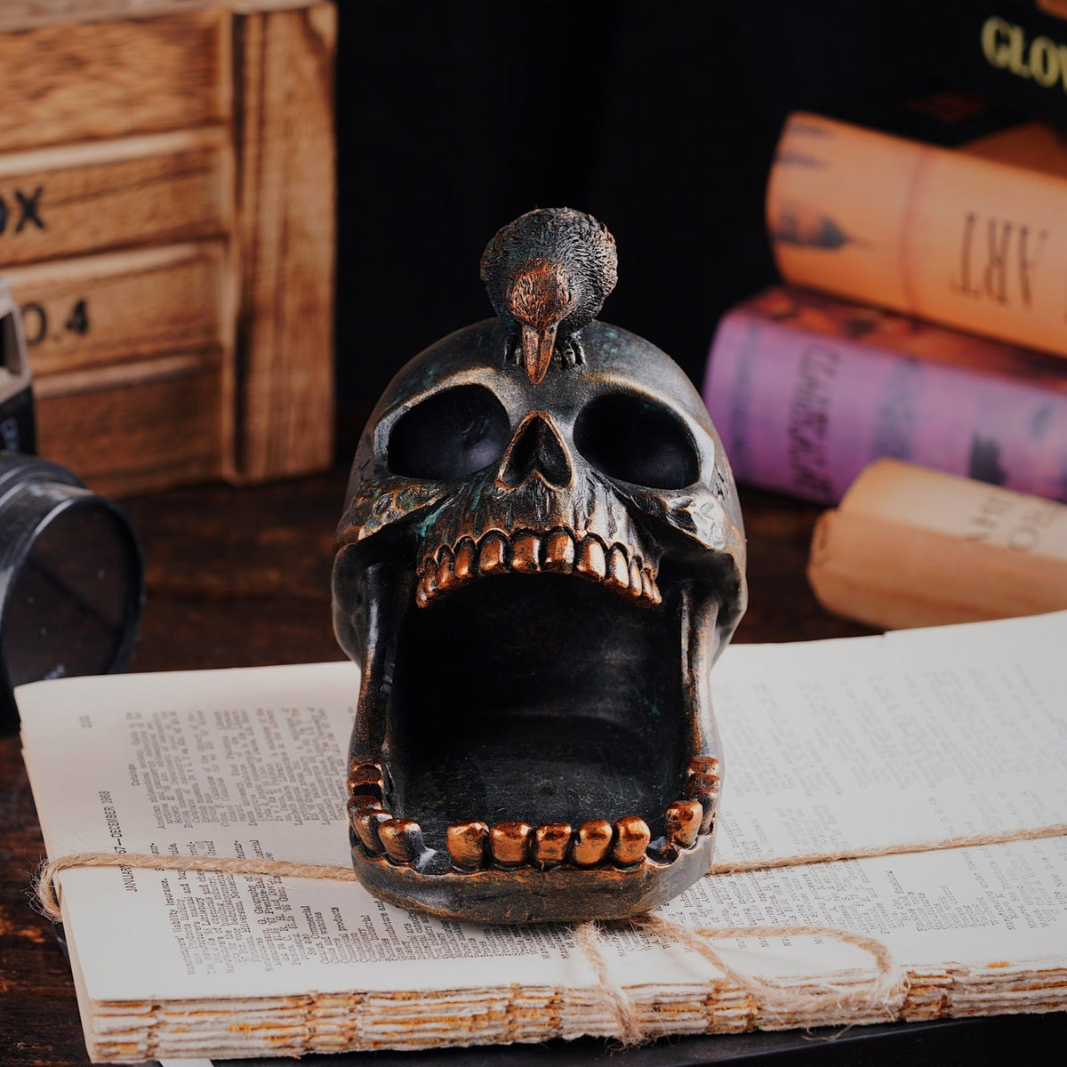 Decorative Tray Resin Skull and Raven Design Dark Weathered Finish
