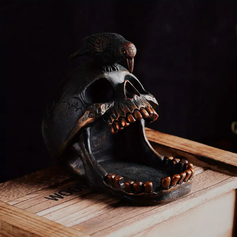 Decorative Tray Resin Skull and Raven Design Dark Weathered Finish