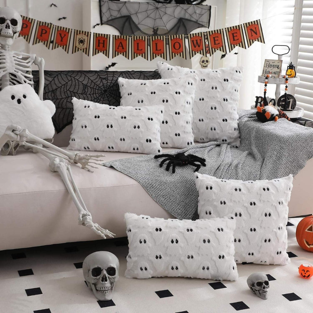 Cushion Cover Microfiber 3D Ghost Design Invisible Zipper Halloween Decor