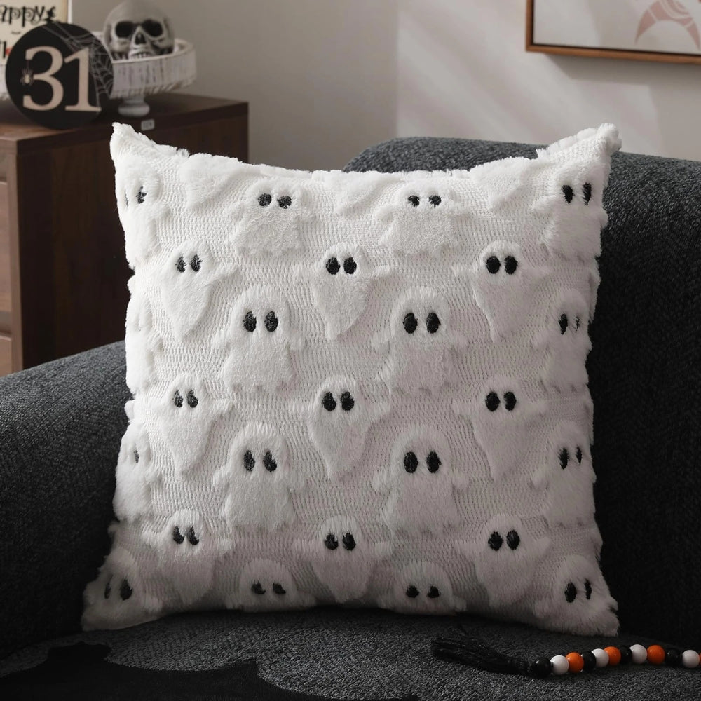Cushion Cover Microfiber 3D Ghost Design Invisible Zipper Halloween Decor