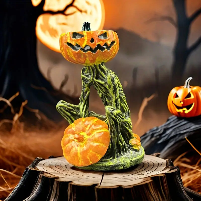 Pumpkin Skeleton Statue, Pumpkin Head, Seated Figure, Orange and Green