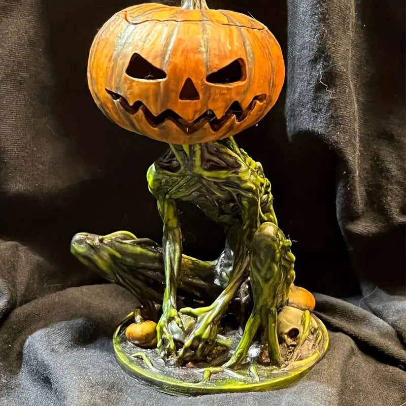 Pumpkin Skeleton Statue, Pumpkin Head, Seated Figure, Orange and Green