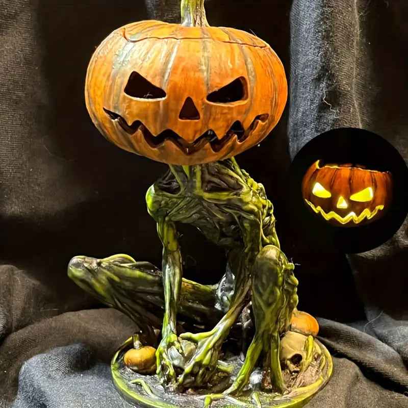 Pumpkin Skeleton Statue, Pumpkin Head, Seated Figure, Orange and Green