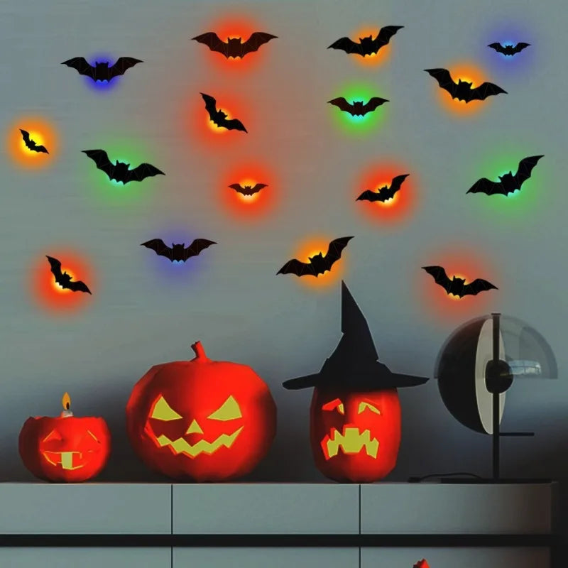 LED Bat Wall Lights 16 Piece Battery Operated Orange Red Halloween Decorations