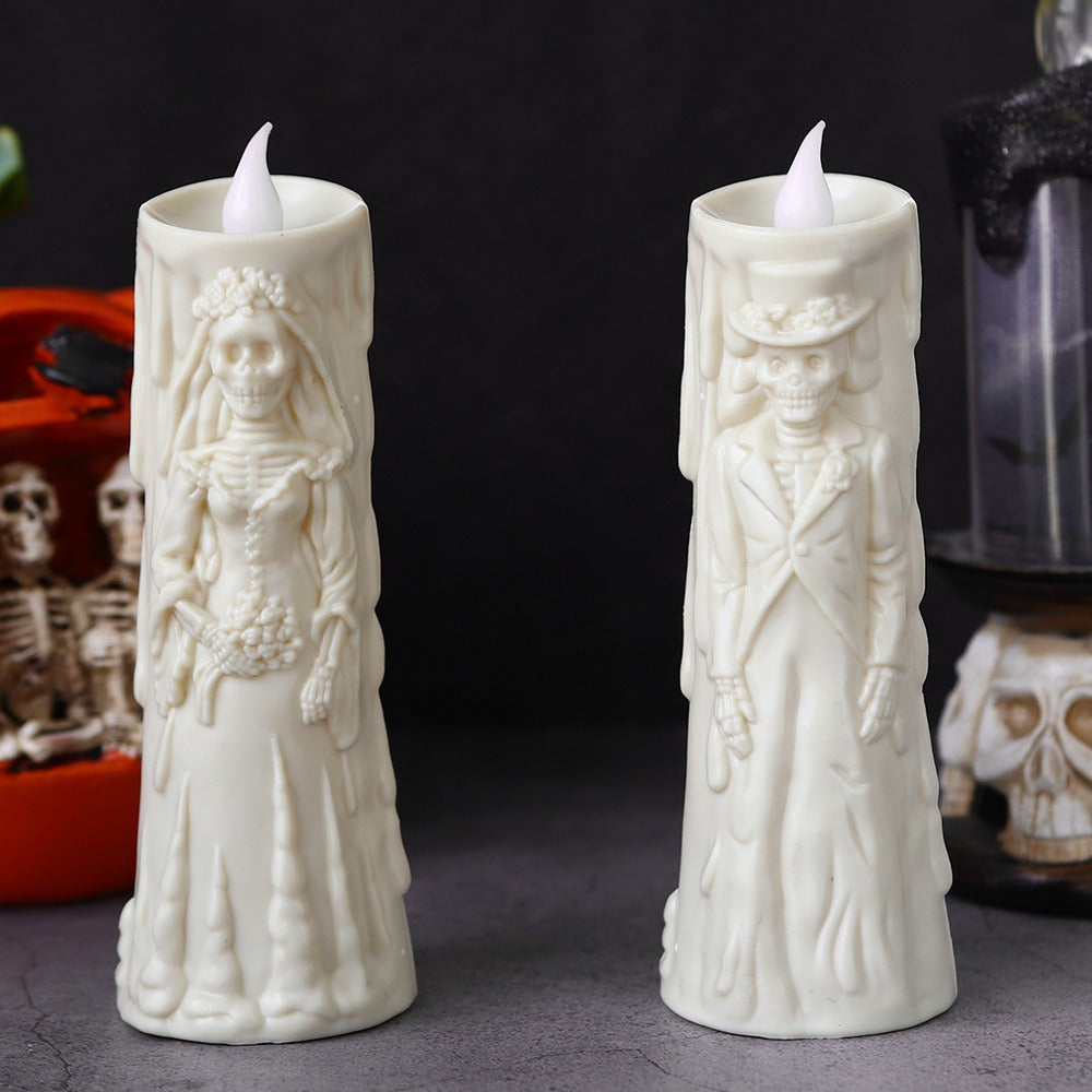 LED Candle Set Skull Bride and Groom Flameless White Light Halloween Wedding Decor