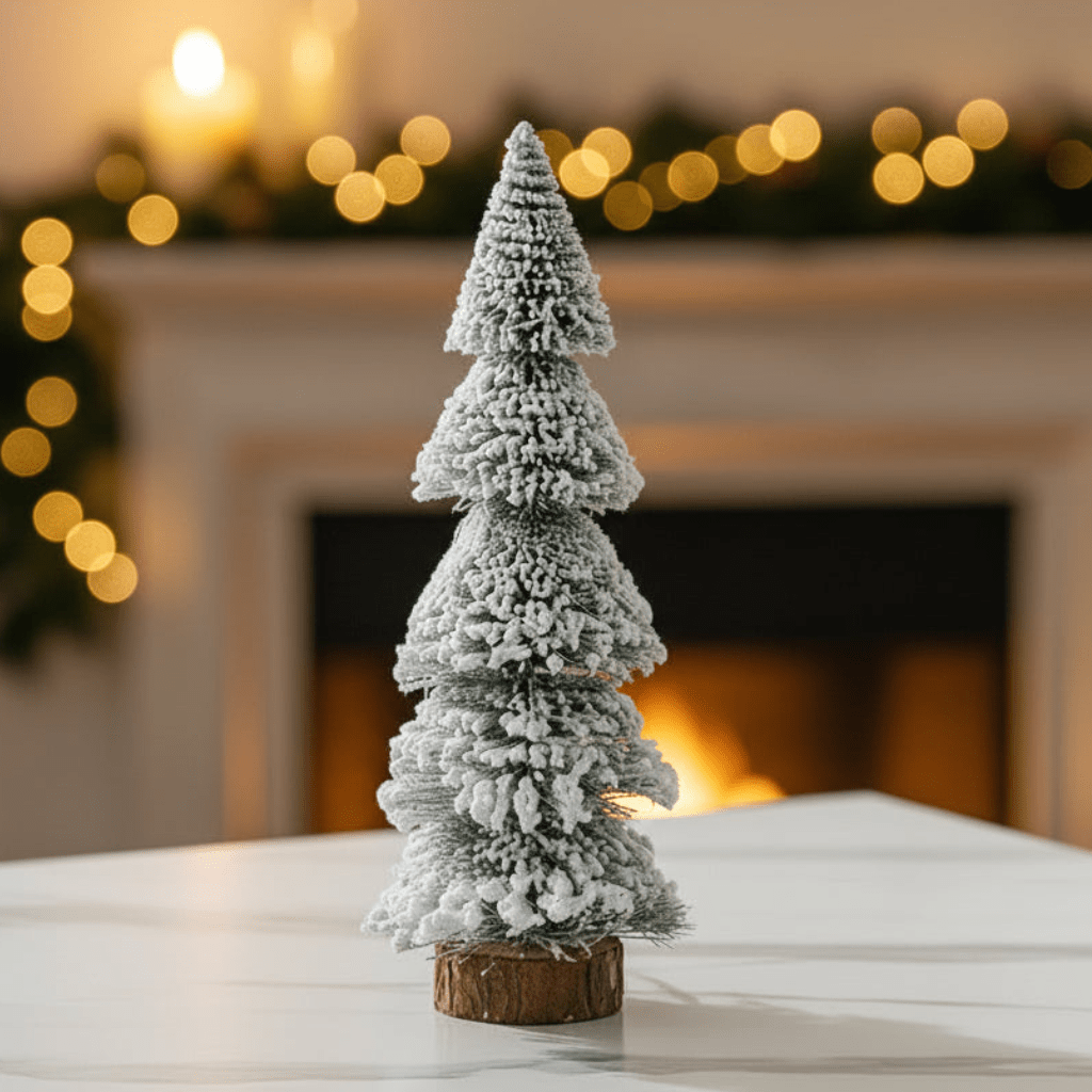 Mini Flocked Christmas Tree Decoration with Wooden Base