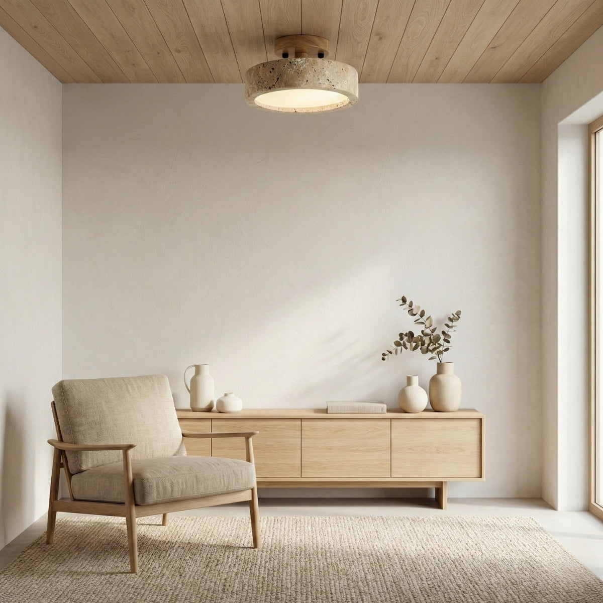 Travertine Ring Ceiling Light| Open Centre Glow, Wood Detail | Japandi Round Pendant Style Lamp