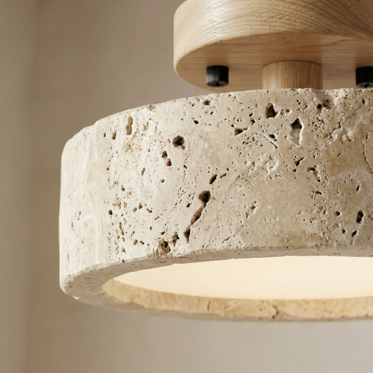 Travertine Ring Ceiling Light| Open Centre Glow, Wood Detail | Japandi Round Pendant Style Lamp