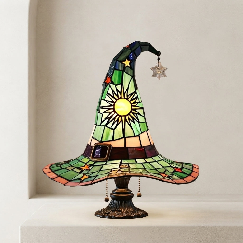 Witch Hat Accent Lamp Tiffany Style Decorative Table Lamp With Star and Sun Design