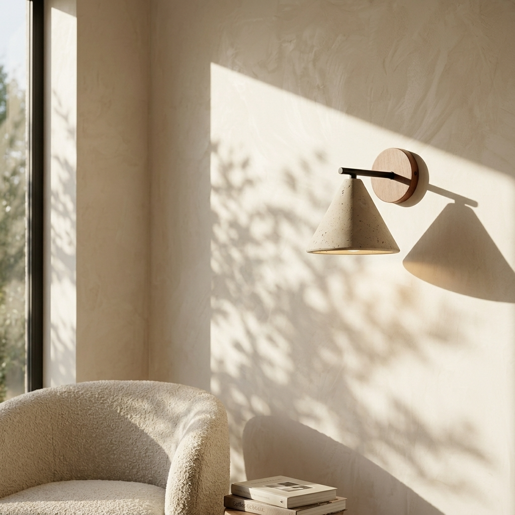 Travertine Cone Wall Light | Genuine Natural Stone, Up Down Glow | E27 Hardwired Sculptural Lamp, Wabi Sabi Design