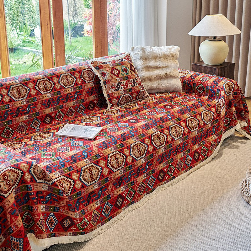 Zahara Geometric Kilim Sofa Cover with Tassel Trim