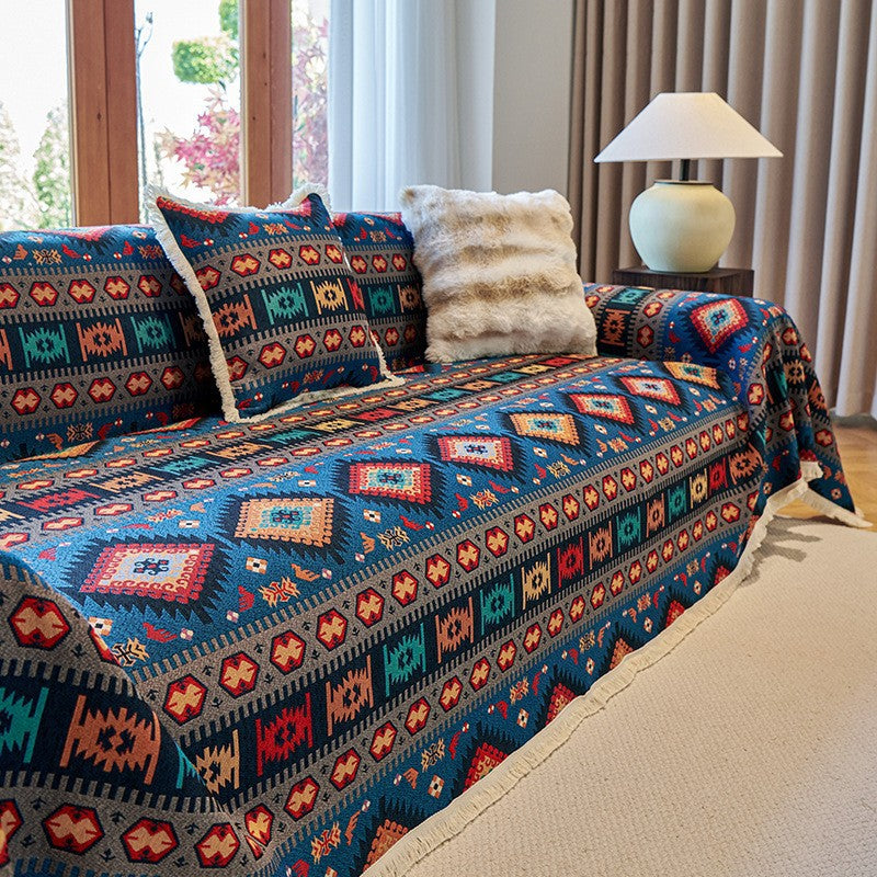 Zahara Geometric Kilim Sofa Cover with Tassel Trim