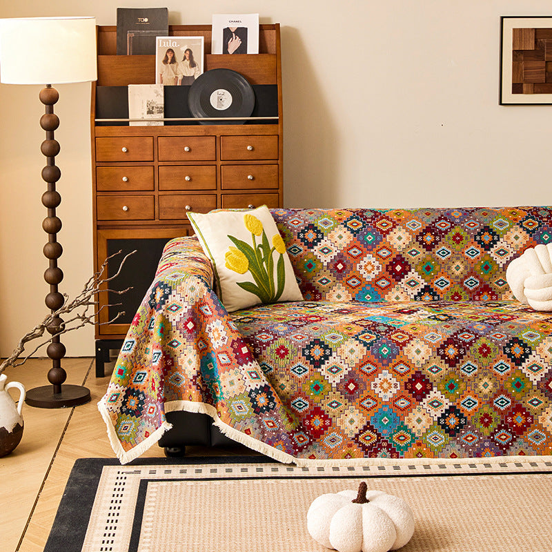 Zahara Geometric Kilim Sofa Cover with Tassel Trim