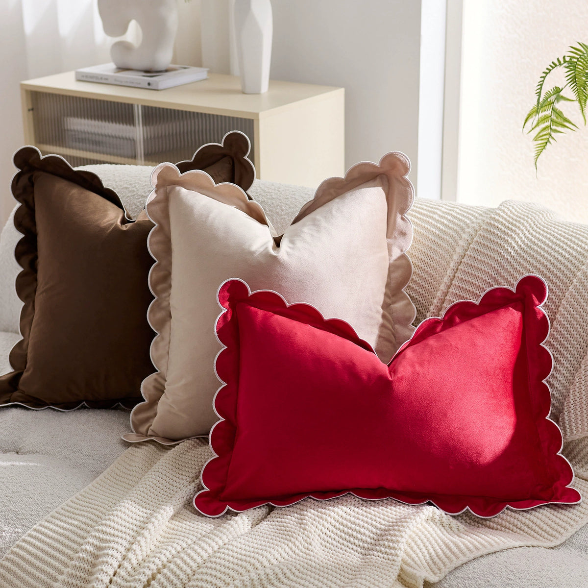 Ruffle Edge Linen Blend Cushion Cover in Coffee Brown
