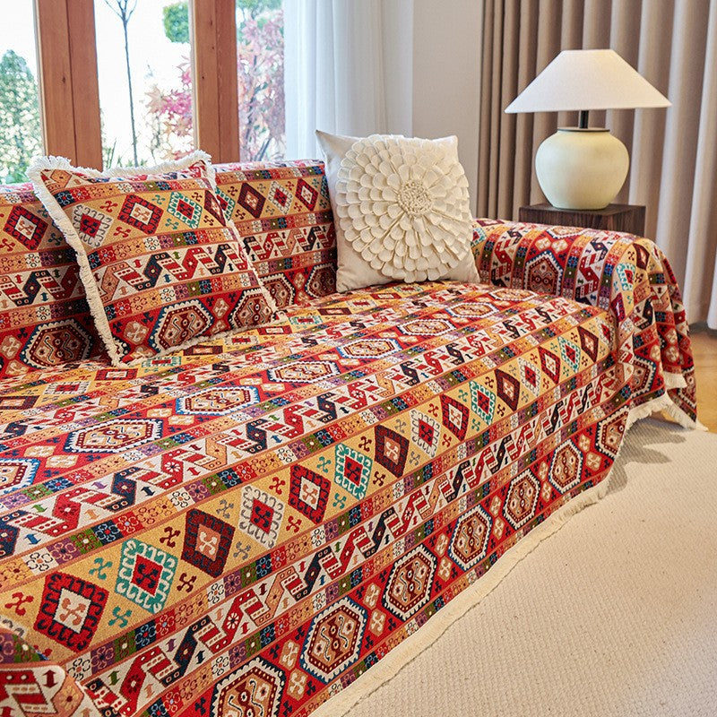 Zahara Geometric Kilim Sofa Cover with Tassel Trim