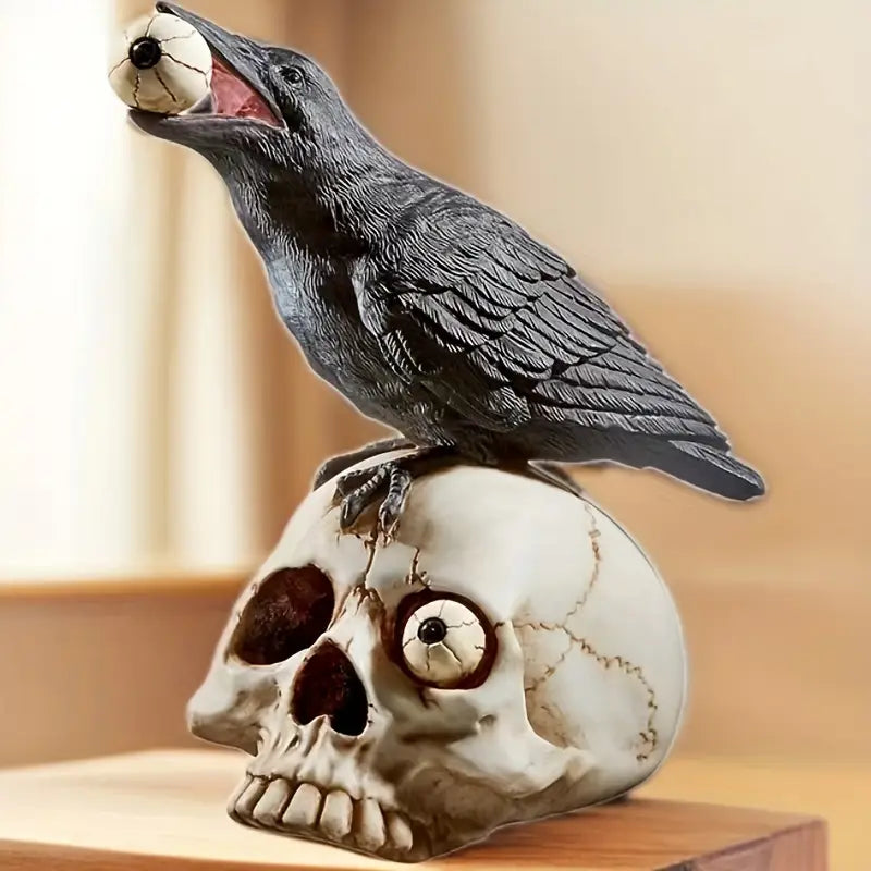 Raven Skull Decor, Gothic Design, Perched Raven, Eyeball Detail