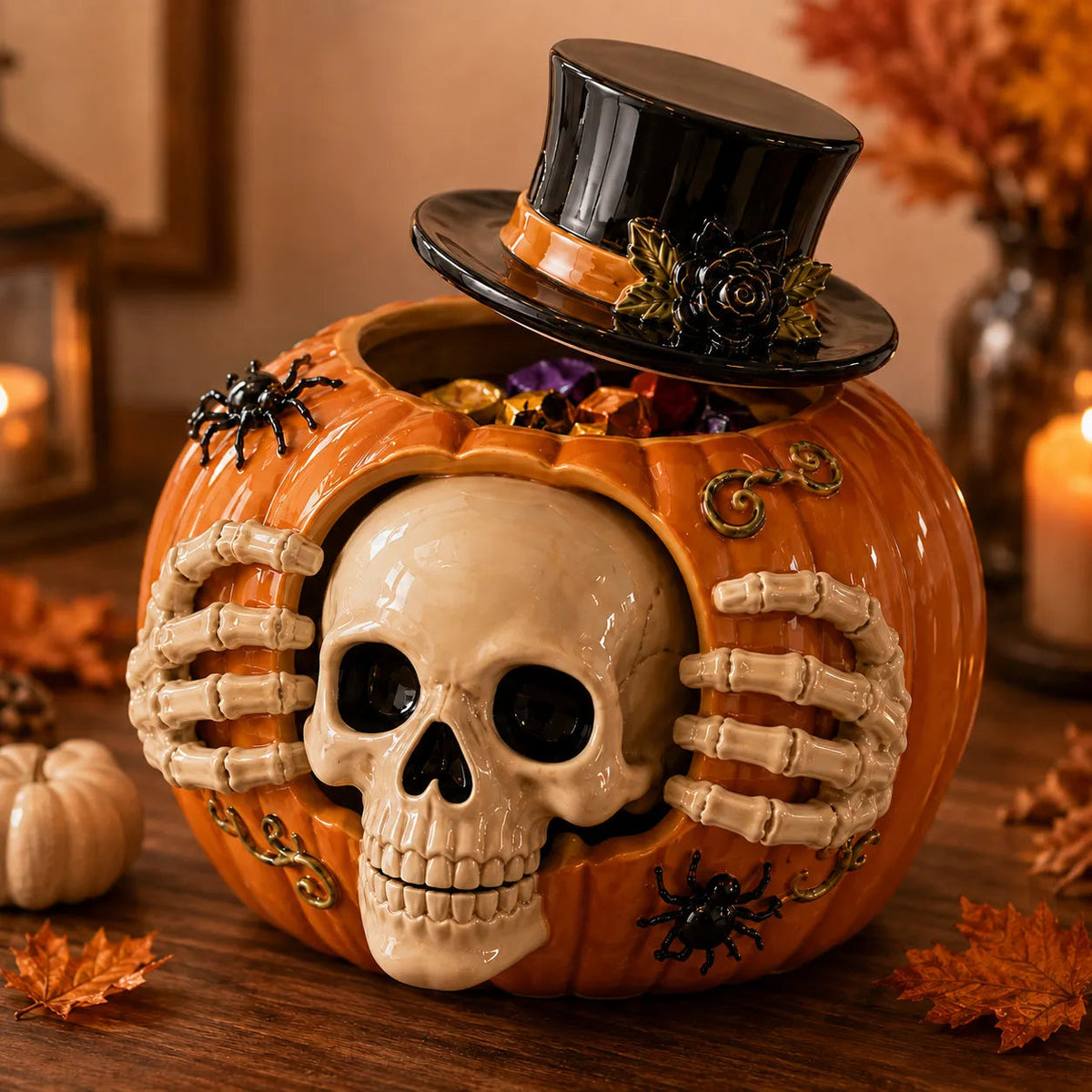Skull Pumpkin Candy Jar, Halloween, Skull Design, Pumpkin Shape