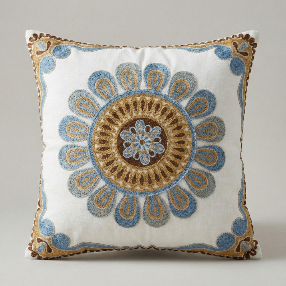 Embroidered floral cushion in azure on a seat