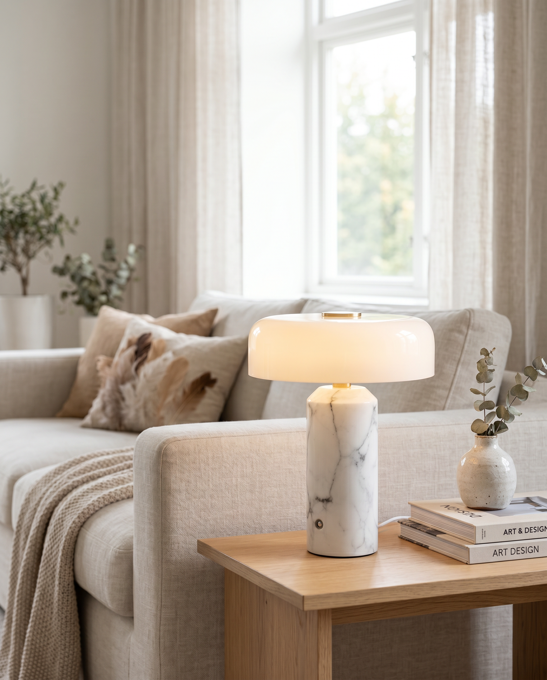 Marble Table Lamp Cordless 21 cm | Opaline Glass Shade, Touch Dimmable | Rechargeable Warm to Cool White LED