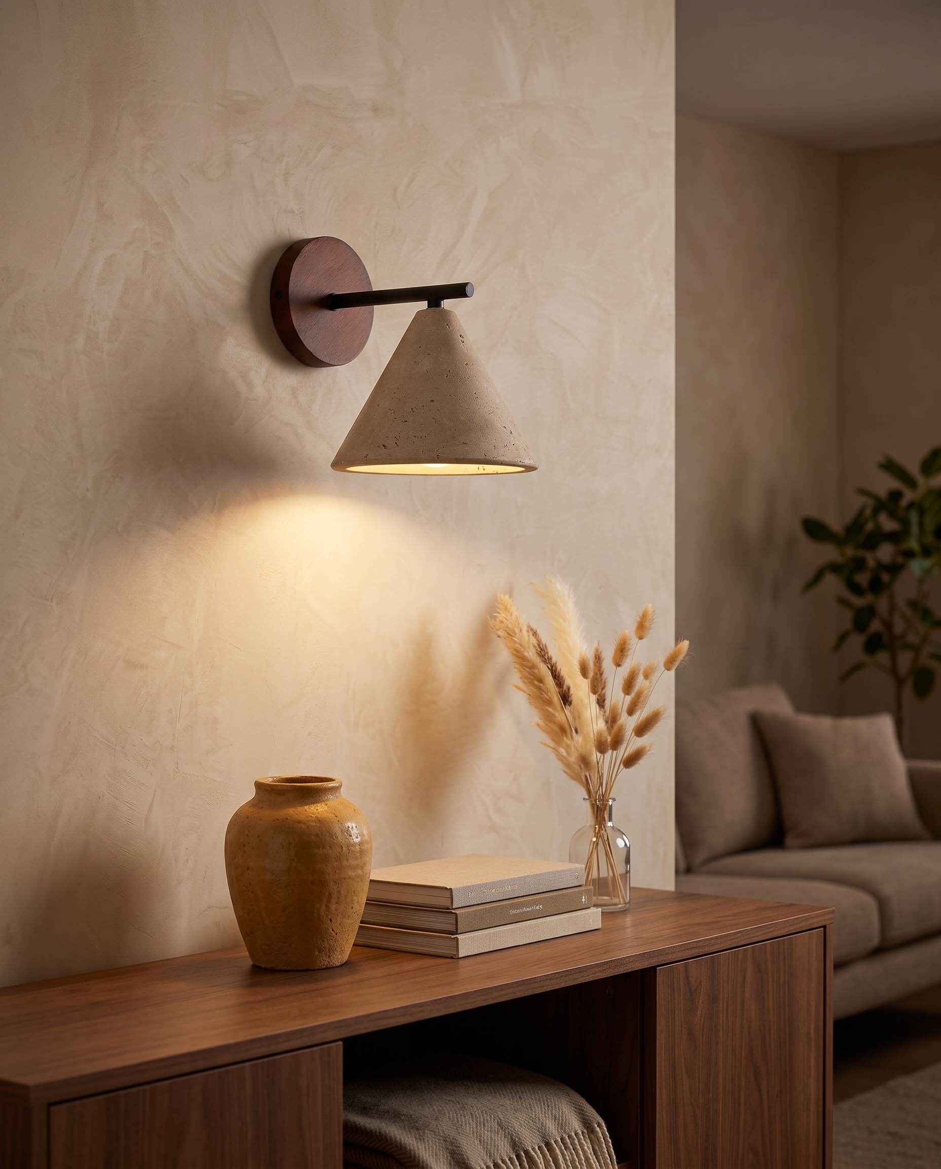 Travertine Cone Wall Light | Genuine Natural Stone, Up Down Glow | E27 Hardwired Sculptural Lamp, Wabi Sabi Design