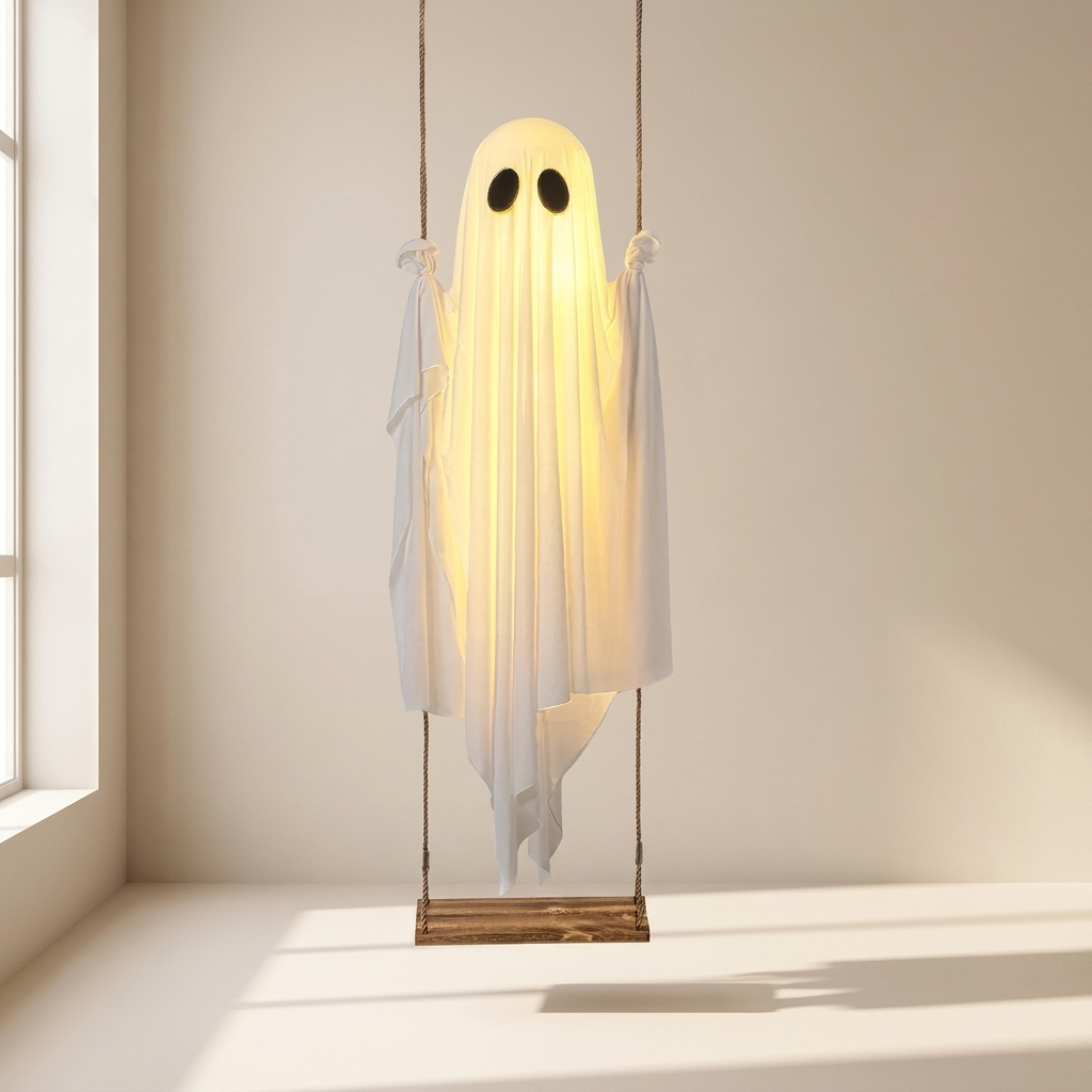 Hanging Ghost Decoration Warm LED Textile Wooden Swing Halloween Decor