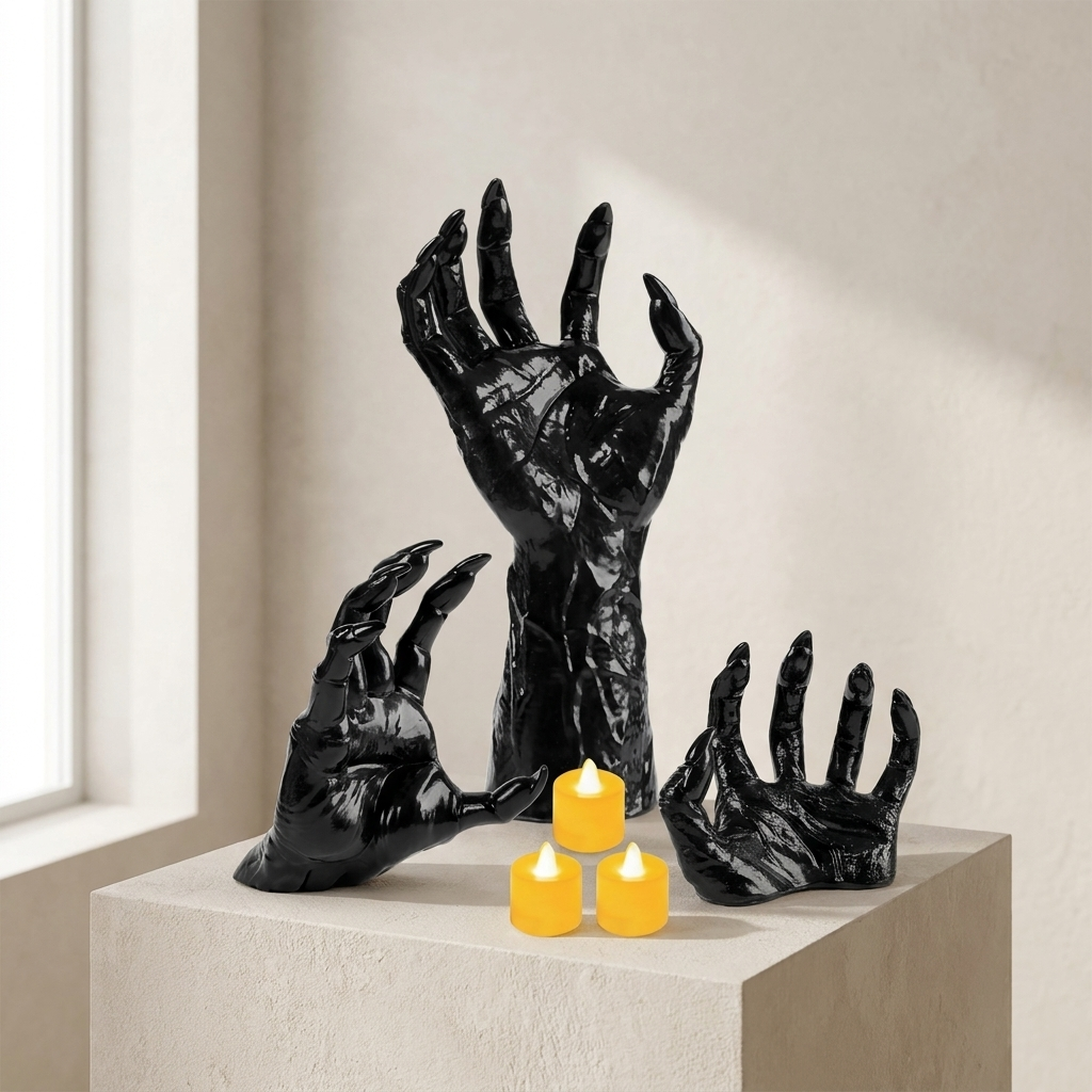 Halloween Wall Decoration Reaching Hand with Warm LED Candle Set