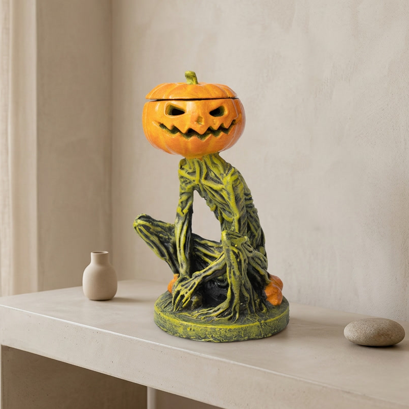 Pumpkin Skeleton Statue, Pumpkin Head, Seated Figure, Orange and Green