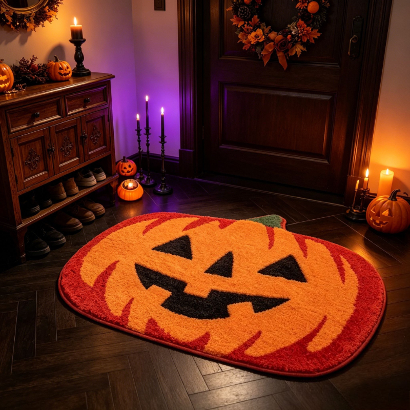 Halloween Pumpkin Rug with Pumpkin Face Non Slip Indoor Floor Mat