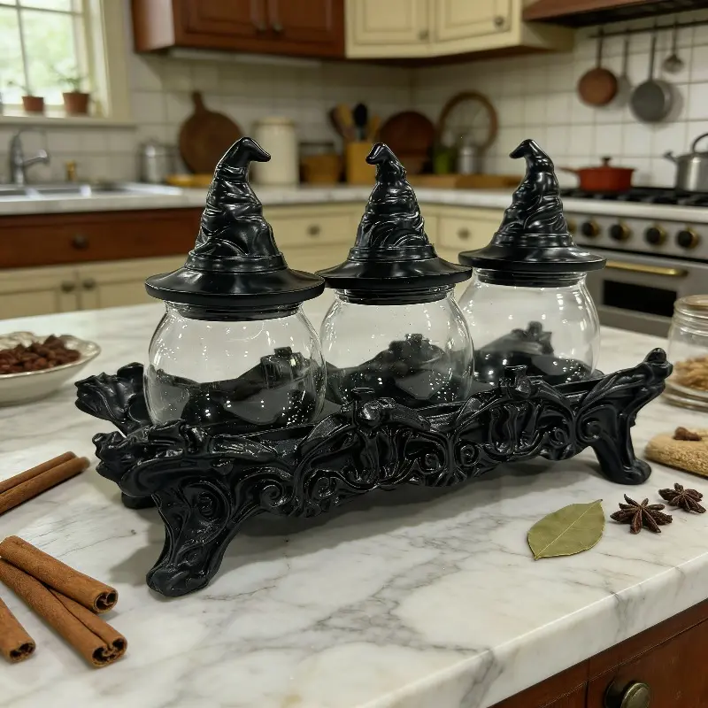 Spice Jar Set with Witch Hat Lids and Decorative Countertop Rack