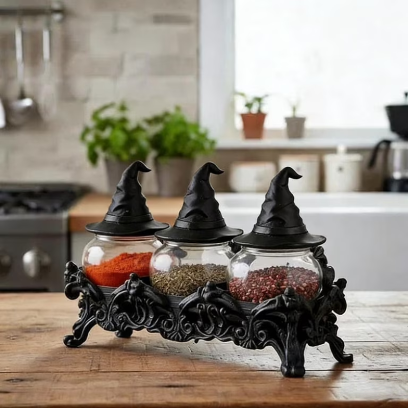 Spice Jar Set with Witch Hat Lids and Decorative Countertop Rack