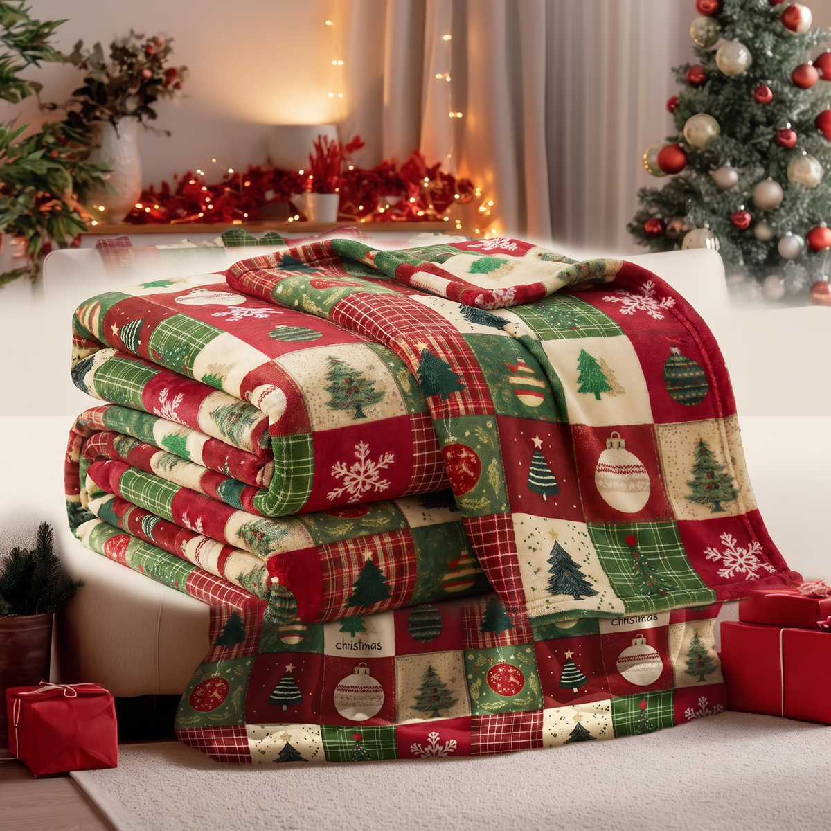 Christmas Patchwork Flannel Throw Blanket