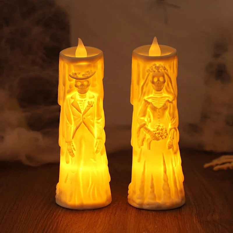 LED Candle Set Skull Bride and Groom Flameless White Light Halloween Wedding Decor