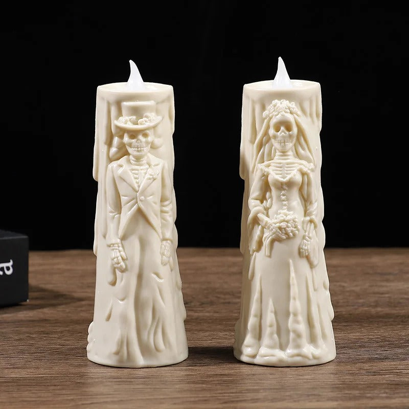 LED Candle Set Skull Bride and Groom Flameless White Light Halloween Wedding Decor