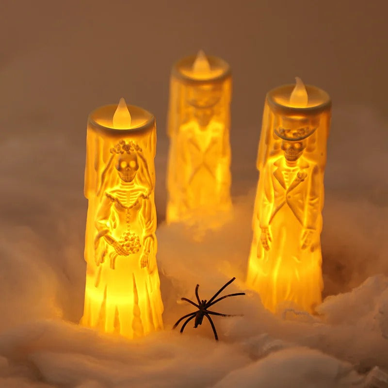 LED Candle Set Skull Bride and Groom Flameless White Light Halloween Wedding Decor