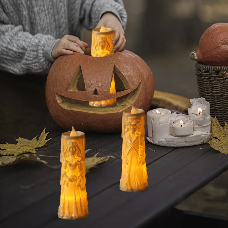 LED Candle Set Skull Bride and Groom Flameless White Light Halloween Wedding Decor