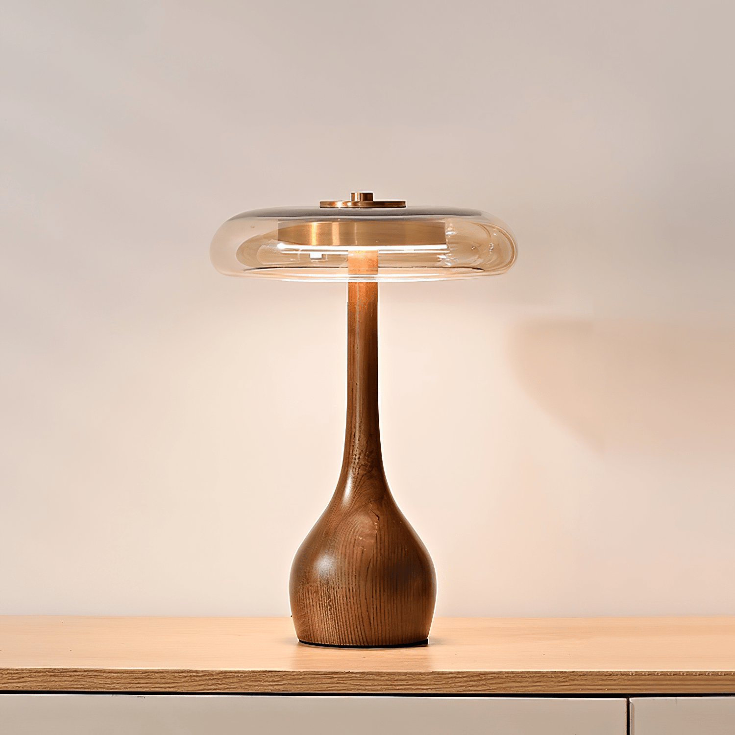 Amber Glass Table Lamp [25/32] cm | Walnut Tone Curved Base | Warm White Integrated LED, Plug In with Switch, Japandi