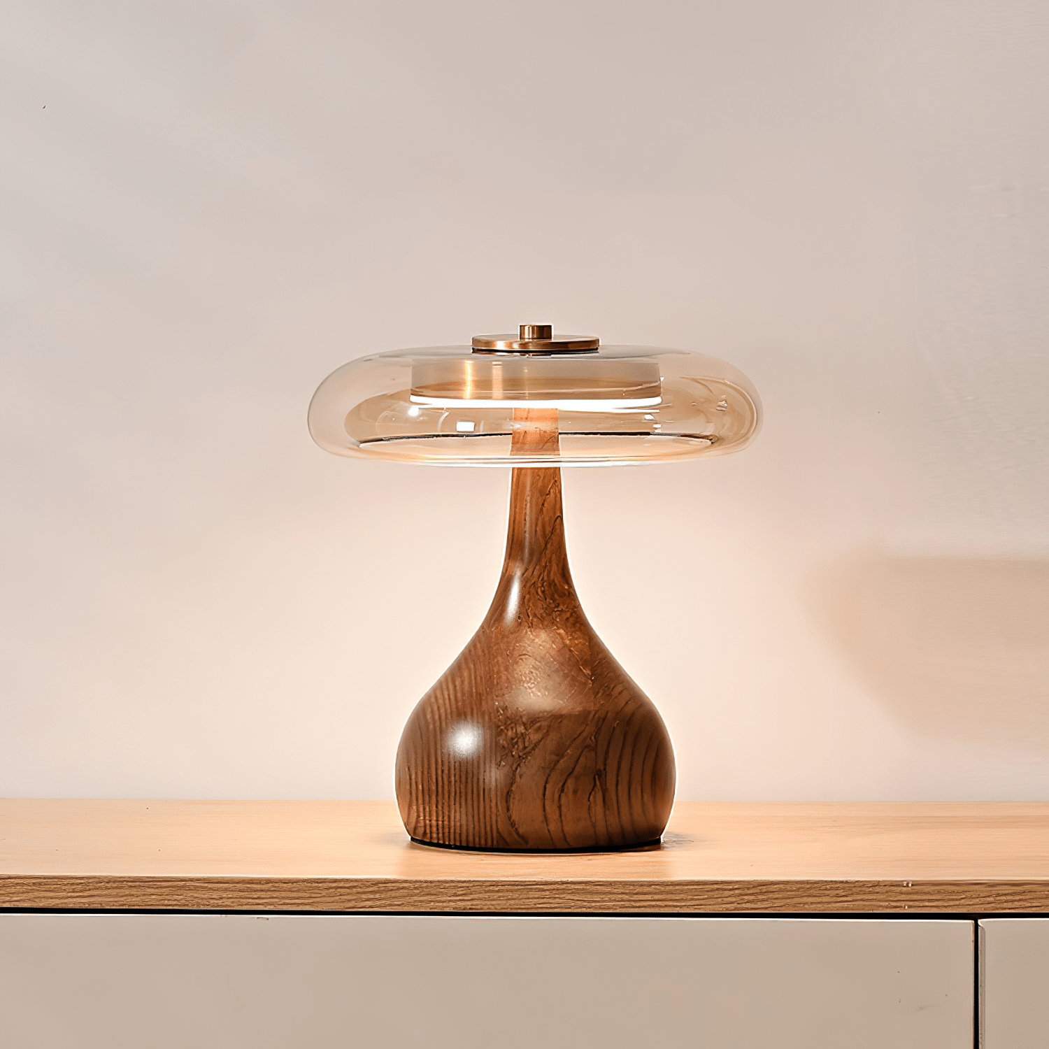 Amber Glass Table Lamp [25/32] cm | Walnut Tone Curved Base | Warm White Integrated LED, Plug In with Switch, Japandi
