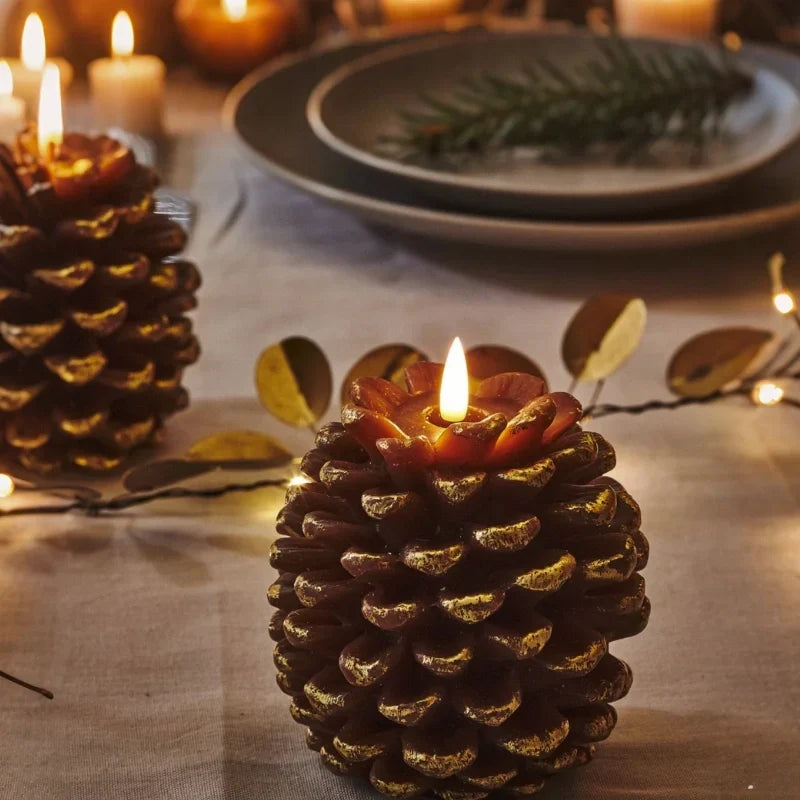 Herfstverlichting in Dennen Design– Set van 2 met Realistisch LED-vlam Effect