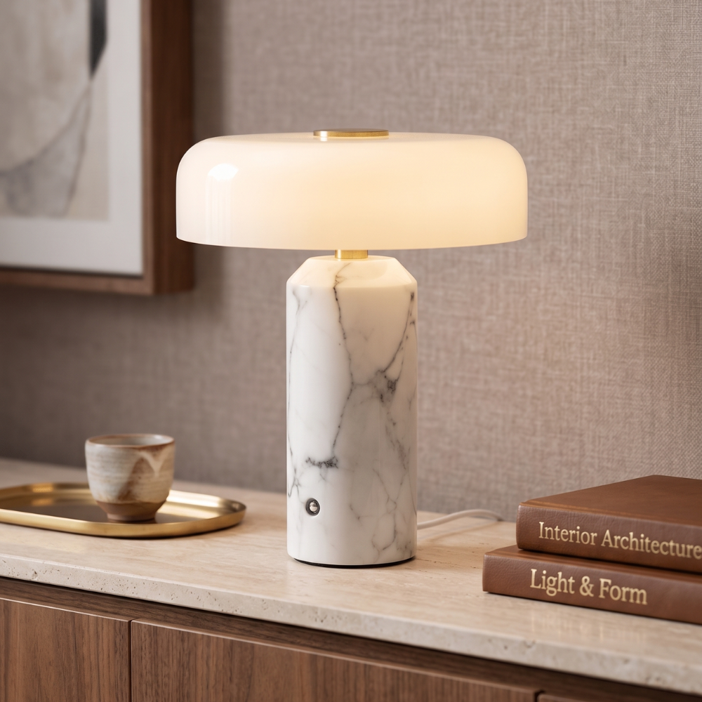 Marble Table Lamp Cordless 21 cm | Opaline Glass Shade, Touch Dimmable | Rechargeable Warm to Cool White LED