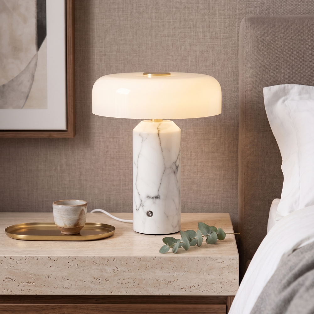 Marble Table Lamp Cordless 21 cm | Opaline Glass Shade, Touch Dimmable | Rechargeable Warm to Cool White LED